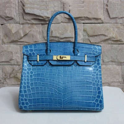 Hermes愛馬仕 Birkin35和30鱷魚紋單肩手提包 高檔時尚女包 HB48521天藍