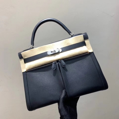 愛馬仕Hermes Kelly Lakis 32cm 法國頂級Swift皮 89 Noir 黑色 銀扣 頂尖工藝 手縫蠟線