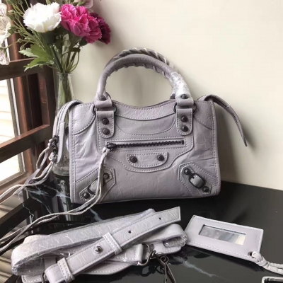 Balenciaga原單爆裂羊皮 大象灰 經典黑釘流蘇 Mini City小號23  cm斜挎手提版，可愛擔當 23cm/30cm