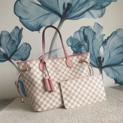 LV路易威登 專櫃最新款 Louis Vuitton NEVERFULL 中號白格流蘇粉色購物袋 N44363，注意看五金、邊油各個細節！32*29*17cm