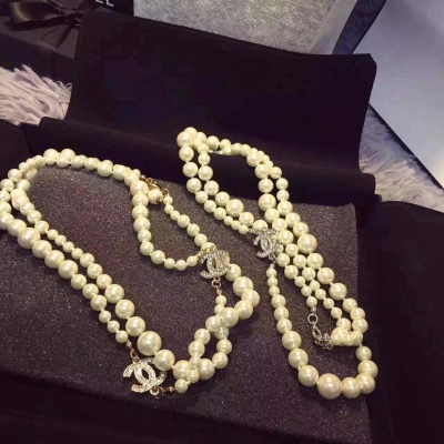 Chanel 經典氣質珍珠漸變毛衣鏈 兩個c 金色/銀色