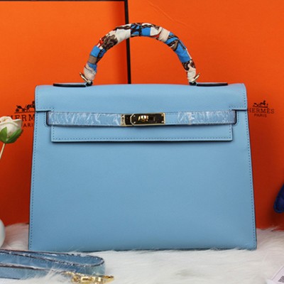2014年新款 Hermes愛馬仕凱莉包 原版皮掌紋手提女包 YF0309天藍色