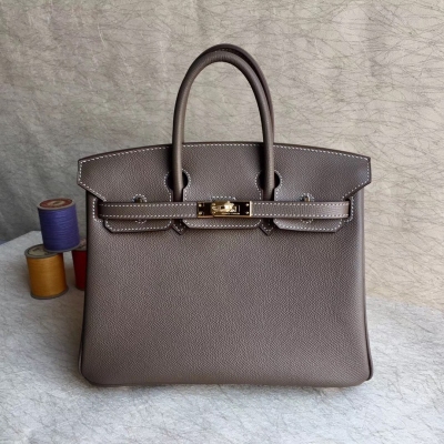 愛馬仕Hermes Birkin25cm 頂級epsom皮全工藝機縫蠟線 細節完美【大象灰】