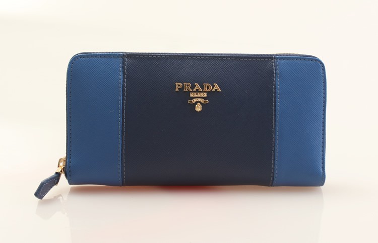 P80589-深藍配藍 PRADA原版皮 十字紋拼色長款拉鏈錢包