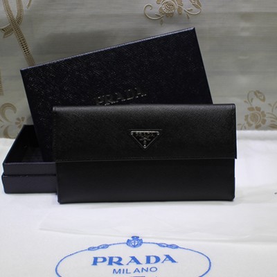 Prada女士皮夾 普拉達進口十字紋牛皮按扣皮夾 卡包 1M1133A 黑色