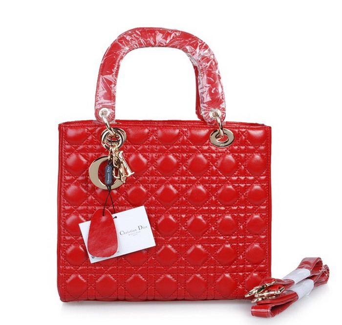 30153-紅羊 Dior    紅色 經典戴妃包羊皮 斜挎手提包
