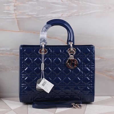 Dior迪奧 戴妃款7格手提單肩斜挎包 進口原版頂級漆皮 4551-7格藍色