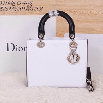 Dior迪奧 夏季新款 進口牛皮平紋手提包 45531白配黑