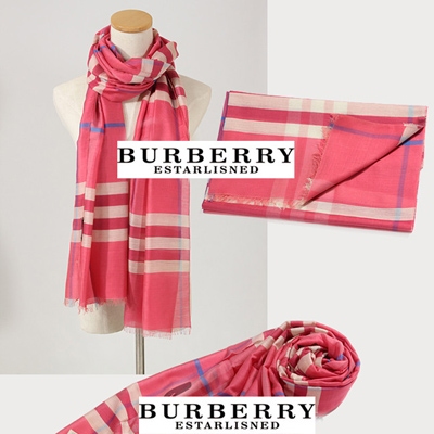 Burberry 巴寶莉 經典英倫格子女士長圍巾 頂級羊絨加絲輕薄保暖 桃紅色