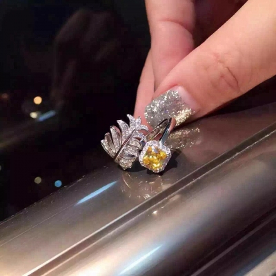 Tiffany&Co 新款黃鑽羽毛 925純銀電鍍18K白金  均碼戒指