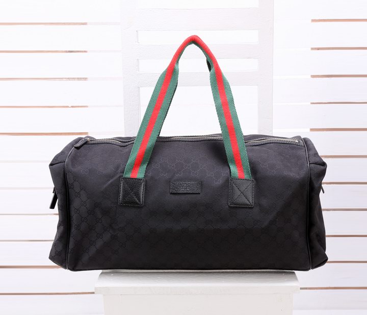 180689  Gucci古奇 新款黑色帆佈配皮包包 紅綠織帶旅行包 旅行袋