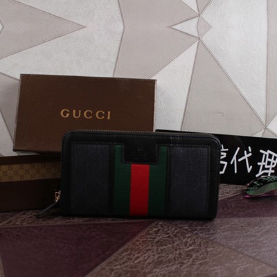 Gucci古馳新款 雙G圖案 頂級帆佈拼接 多卡位長拉鏈包 AD9173黑色