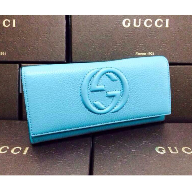 Gucci古馳 雙G時尚摔紋皮 女士/長款皮夾 搭扣皮夾  282414藍色