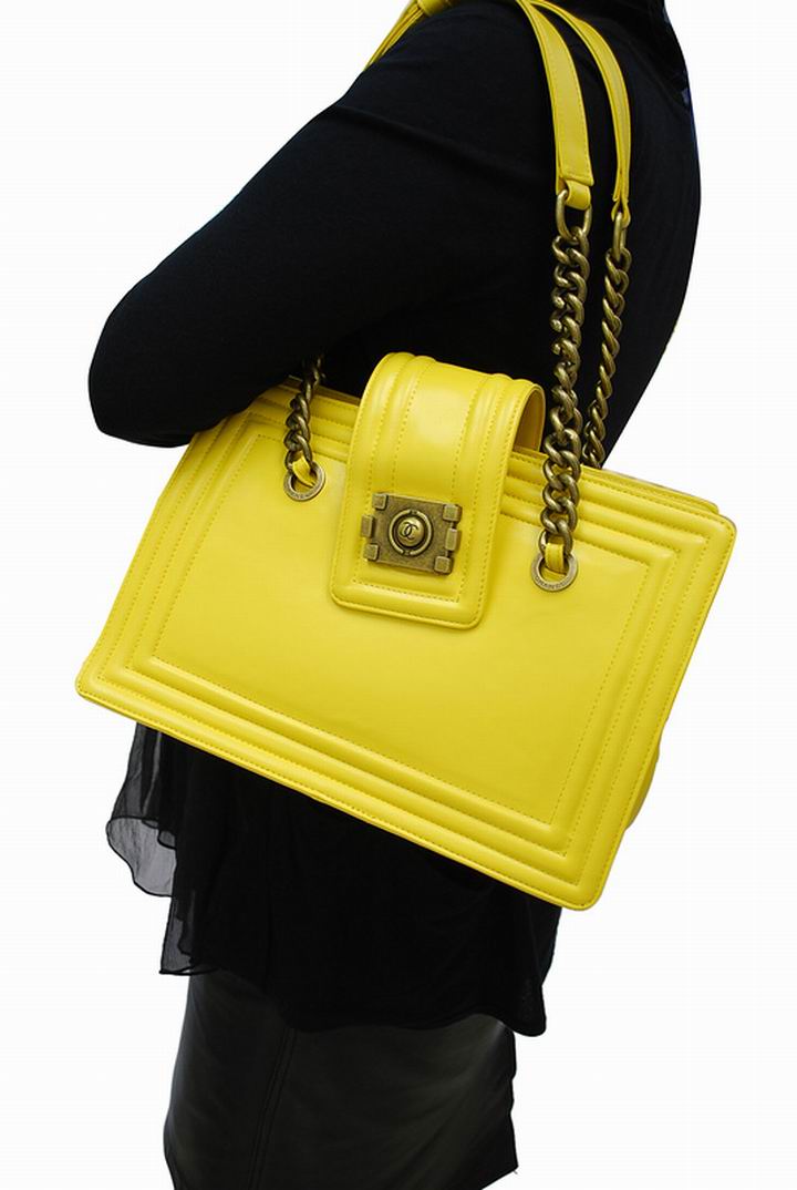 30161  Chanel香奈兒   boy系列檸檬黃色真牛皮復古銅鏈手提單肩包 小香女包 新款手提包