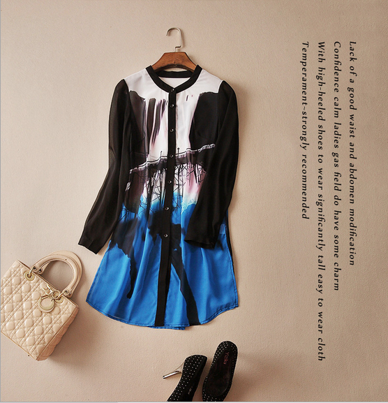 歐美2015春季新款 風景水墨畫 單排扣寬鬆 時尚短連衣裙150300