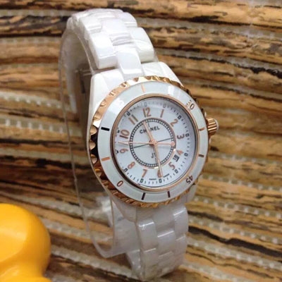 手錶玫瑰金配白陶瓷數字 帶日曆 手錶