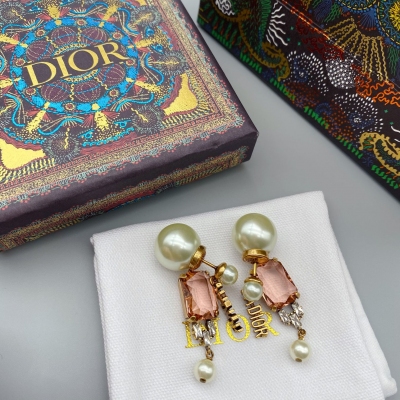 Dior迪奧 香檳粉水晶珍珠耳環 仙女耳飾 一對兩用