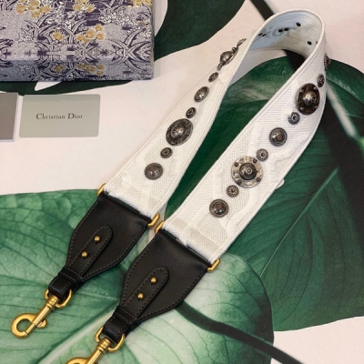 Dior迪奧 Oblique白色流蘇帆布寬肩背帶，搭配小牛皮革和銀色復古金屬飾章，尺寸：95x5cm