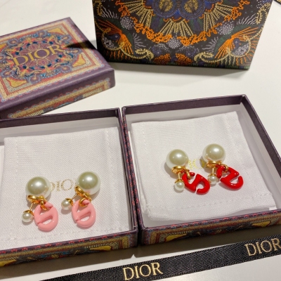 Dior迪奧 彩色琺瑯珍珠耳環 櫻花粉正紅色
