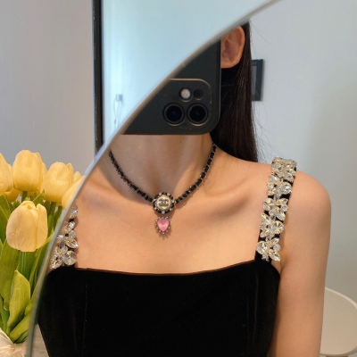 Chanel香奈兒 choker 粉寶石小牛皮珍珠短項鍊 公主的愛心寶石 2022ss秋冬高級手工坊城堡系列