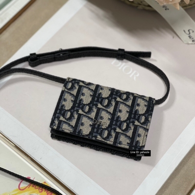 Dior迪奧 這款 Nano 手拿包，搭配縫有三角形襯料的隔層，內設一個卡槽，可收納銀行卡。正面與內部均飾以“DIOR”標誌。搭配可拆卸可調節的皮革肩帶，可掛在頸部或斜挎，亦可放入手袋中。尺寸：10×6.8×1.2cm 型號：262