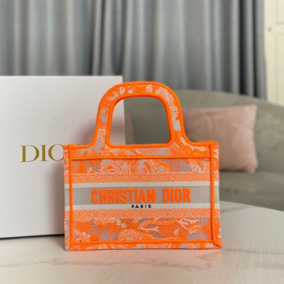 Dior迪奧 新品 迷你號 BOOK TOTE 手袋 透明效果帆布螢光橙色茹伊印花 (23x 17x 7cm) 這款 Book Tote 手袋由 Dior 創意總監瑪麗亞·嘉茜婭·蔻麗 (Maria Grazia Chiuri) 設計，是