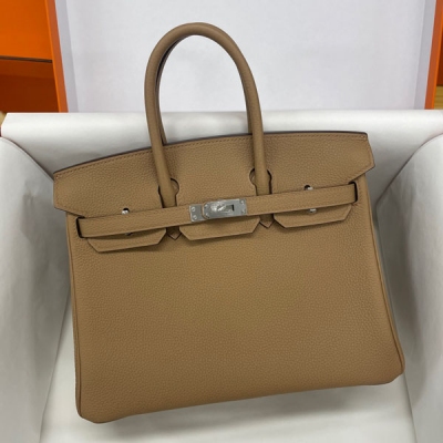 Hermes愛馬仕 Togo 奶茶色 Birkin BK 鉑金包 25cm 銀扣