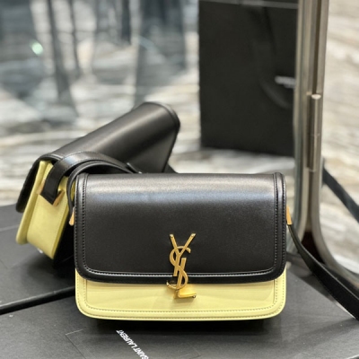 YSL聖羅蘭Yves Saint Laurent SOLFERINO BOX 黑配奶黃色金扣 23cm 必火爆款，還沒上市就攻陷了整個時尚圈，懷舊左岸，靈感來自巴黎左岸街名Rue De Solferino為名！包包採用原廠漆皮牛皮，手感