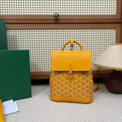 Goyard戈雅 新版本二代mini Alpin出貨啦 以Goyard秉承的傳統工藝，在細節之處盡顯巧思，精心放置的一些金屬環，匠心打造的牛皮手柄，由原先的抽繩更換為側邊按扣開合更為方便，是一款實用多功能包，可手拎，也可肩背或斜跨在身上，還