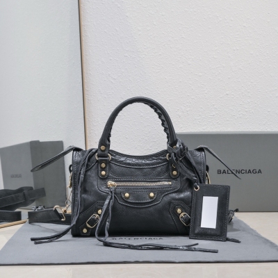 Balenciaga巴黎世家 經典機車包爆裂羊皮24cm 深灰金釘
