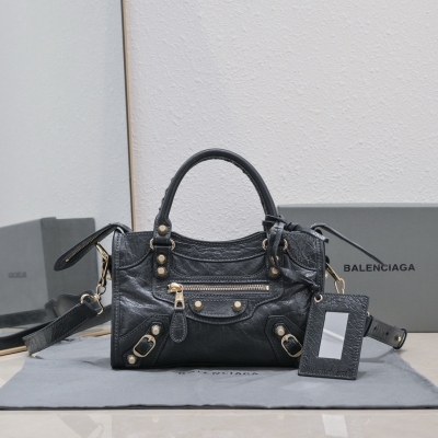 Balenciaga巴黎世家 經典機車包爆裂羊皮24cm 深灰網金