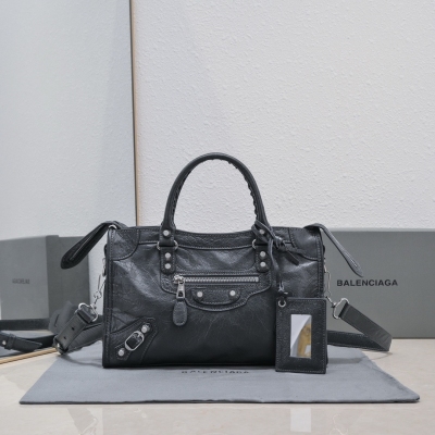 Balenciaga巴黎世家 經典機車包爆裂羊皮30cm深灰網銀