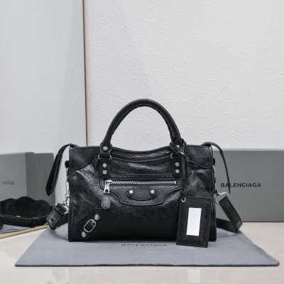 Balenciaga巴黎世家 經典機車包爆裂羊皮30cm黑色網銀